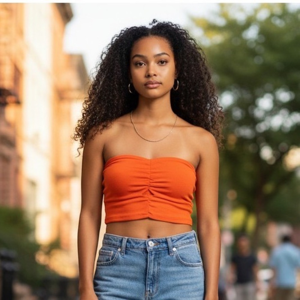 Monteau Los Angeles Orange Smocked Tube Top Linen Blend Keyhole Ruched Small